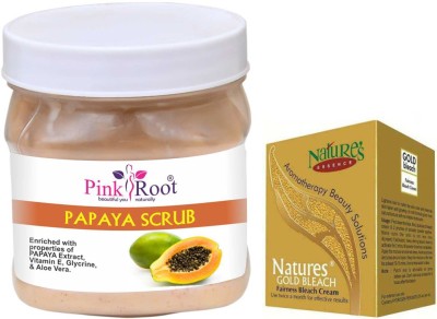 PINKROOT Papaya Scrub 500gm with Nature Essence Gold Bleach Fairness Bleach Cream 50gm(2 Items in the set)