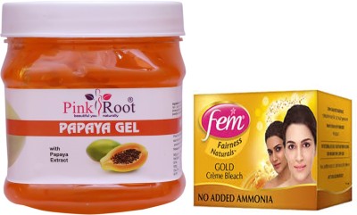 PINKROOT Papaya Gel 500gm with Fem Gold Creme Bleach 50gm(2 Items in the set)