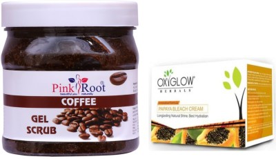 PINKROOT Coffee Gel Scrub 500gm with Oxyglow Papaya Bleach Cream 50gm(2 Items in the set)