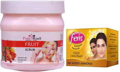 PINKROOT Fruit Scrub 500gm with Fem Gold Creme Bleach 50gm(2 Items in the set)