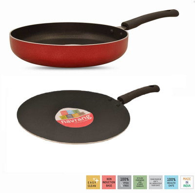 NAVRANG NONSTICK 2 PCS COMBO SET FRY PAN 230MM AND ROTI TAWA 280MM, RED Non-Stick Coated Cookware Set(Aluminium, PTFE (Non-stick), 2 - Piece)