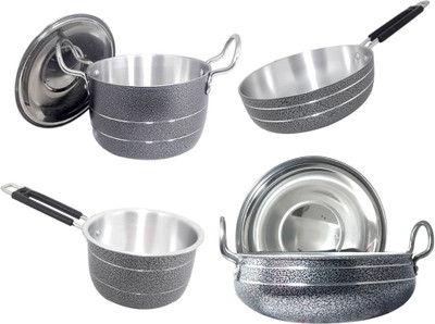 bartan hub Cookware Set of 4 (Handi 2500 ML, Pot 1500 ML, Saucepan 1500 ML, Frying Pan 20 cm, Aluminium Made, Dishwasher Safe) Cookware Set(Aluminium, 4 - Piece)