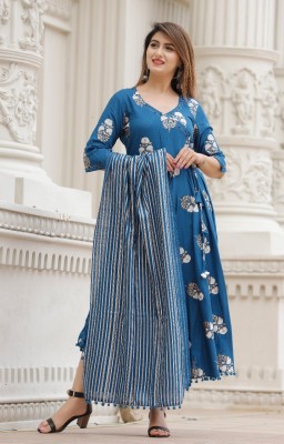 Janki Creation Women Floral Print Anarkali Kurta(Blue)