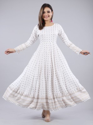 NAMA Women Printed Gown Kurta(White)