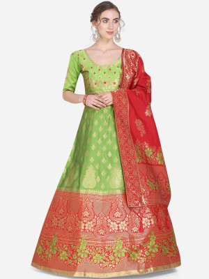 Oomph! Embroidered Semi Stitched Lehenga Choli(Green, Red, Gold)