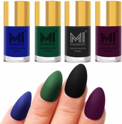 MI FASHION Premium Quality Dull Velvet Matte Nail Polish Duo Pont Flat Brush Exclusive Combo No-261 Royal Blue,Green,Black,Purple(Pack of 4)