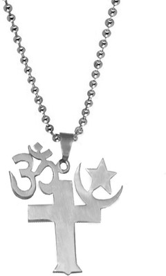 Shiv Jagdamba Religious Om Cross Star Moon Locket With Chain Sterling Silver Stainless Steel Pendant Set