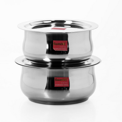 Sumeet 2 Pcs Stainless Steel Induction & Gas Stove Friendly Belly Shape Container Set / Tope / Cookware Set With Lids Size No.11 & No.12 Handi 1.4 L, 1.75 L with Lid(Stainless Steel, Induction Bottom)
