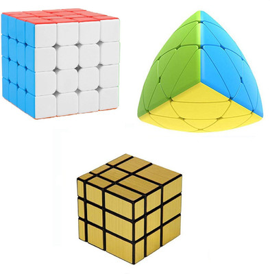 vworld Stickerless Cube Combo Of 4x4x4x4, Round Curve Pyramix And Gold magic cube(3 Pieces)