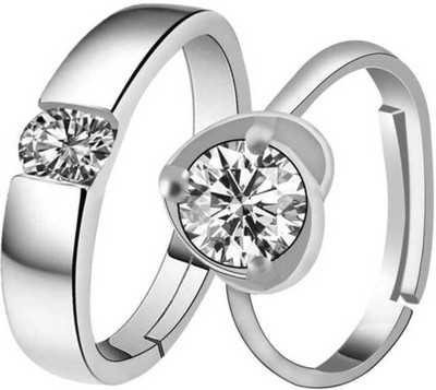 Miami Stainless Steel Cubic Zirconia, Diamond, Crystal Silver, Platinum, Rhodium Plated Ring Set