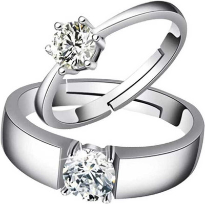 Miami Stainless Steel Cubic Zirconia Silver, Platinum, Rhodium Plated Ring Set