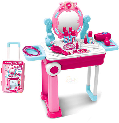 Gi4n 3 in 1 beauty trolley Dresser Pretend Play Cosmetic and Makeup Toy for Girls Beauty Kit with Foldable Trolly Bag for Girls