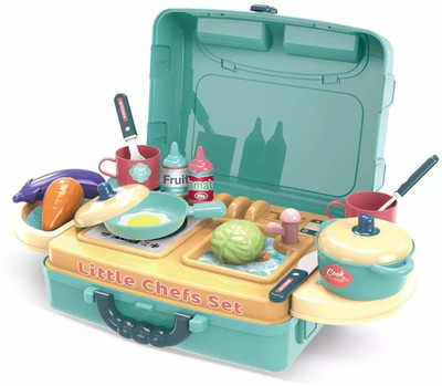 FYG ENTERPRISE 3 in 1 Big Size Portable Suitcase Shape Musical Kitchen Set Toy for Kids with Light and Accessories Kitchen Play Set for Kids Girls