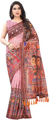 SILK ZONE Printed Kalamkari Cotton Blend Saree(Multicolor)
