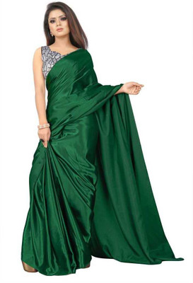 ZINLORIZ Solid/Plain Bollywood Silk Blend Saree(Dark Green)