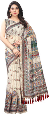SILK ZONE Printed Bollywood Cotton Blend Saree(White)