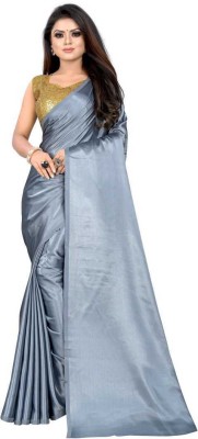 Aruna Sarees Solid/Plain Bollywood Satin Saree(Grey)