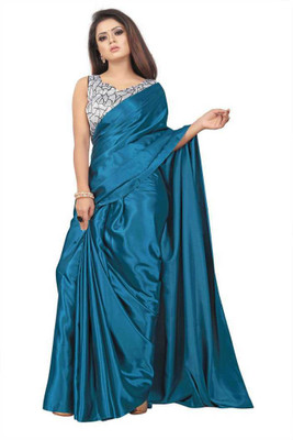 ZINLORIZ Solid/Plain Bollywood Silk Blend Saree(Blue)