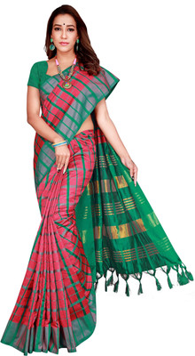 PRIYANSH CREATION Checkered Bollywood Cotton Silk Saree(Red, Green)