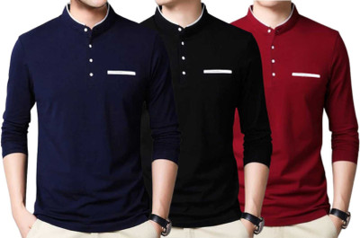 FastColors Solid Men Mandarin Collar Blue, Maroon, Black T-Shirt(Pack of 3)