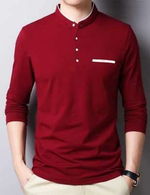 FastColors Solid Men Mandarin Collar White, Maroon T-Shirt
