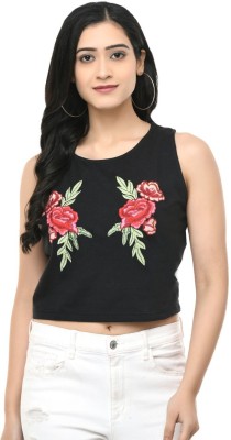 SAAKAA Casual Sleeveless Embroidered Women Black Top