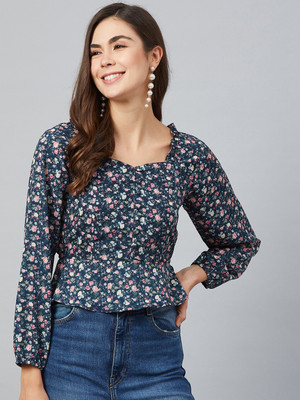 rare Casual 3/4 Sleeve Printed Women Dark Blue Top