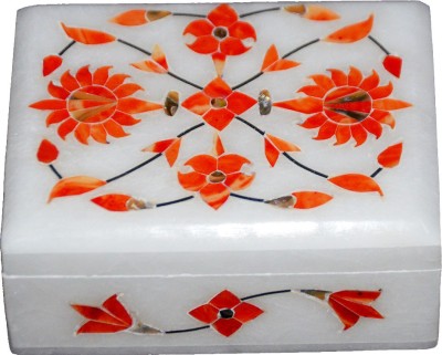 ORIENTALs Marble Jewellery Box Beautiful Orange Flower Inlay Work 3 X 4 inch MULTI PURPOSE Vanity Box(White)
