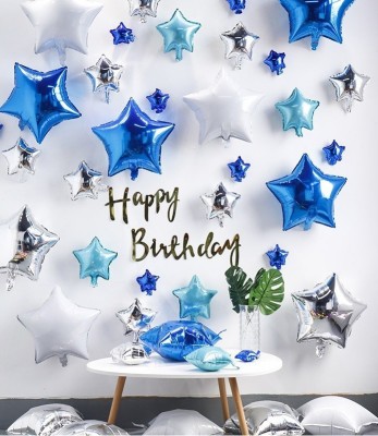 BashNSplash Solid Happy Birthday Blue with Silver & Blue Star Foil Balloons (PACK OF 25) Balloon(Silver, Blue, Pack of 25)