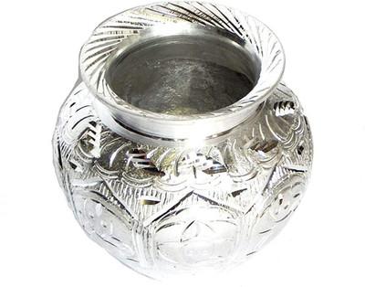 Zoltamulata Big Size German Silver White Metal Ganapati and Other Sacred Symbols Engraved Kalash for Pooja Chambu Kalash handmande Item Suitable for Home with Height 4.5 inch Weight 585gm Silver Plated Kalash(Silver)