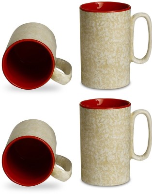 caffeine Handmade White & Red Ceramic Coffee Mug(500 ml, Pack of 4)