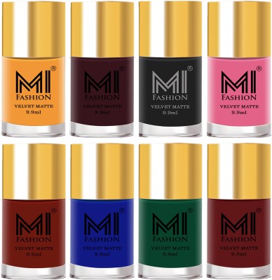 MI FASHION Unique Velvet Matte Nail Polish Sets Cosmetics Nail Paint Saffron Combo-No-10 Saffron Orange,Wine,Black,Baby Pink,Cherry Red,Royal Blue,Green,Maroon(Pack of 8)