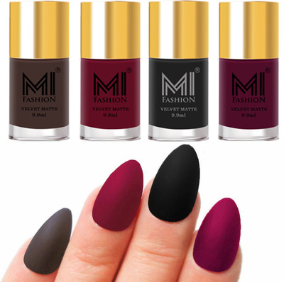 MI FASHION Premium Quality Dull Velvet Matte Nail Polish Duo Pont Flat Brush Exclusive Combo No-86 Coffee,Mauve,Black,Magenta(Pack of 4)
