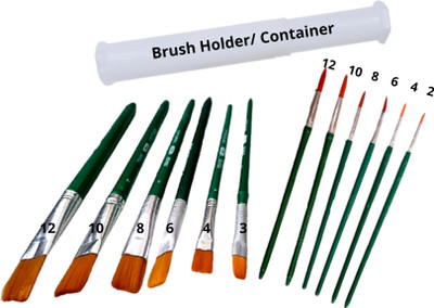 Upyukat Artist Paint brush set and Paint Brush container- Artist Paint Brushes Set- 6 pcs of Round and 6 pcs of Flat artist paint brush (set of total 12 brushes) with 1 Set of Plastic Painting Brush Box/ Painting Brush Holder/ Container for storing paint brushes(Set of 12, Green, White)