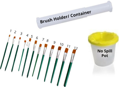 Upyukat Artist Paint Brush set, Paint brush container, No Spill Pot. Artist Paint Brushes Set- Flat artist paint brush (set of 12 brushes, Size No. 1 to 12) with 1 pc of Plastic Painting Brush Box/ Painting Brush Holder/ Container for storing paint brushes and 1 pc of No spill paint pot(Green, White