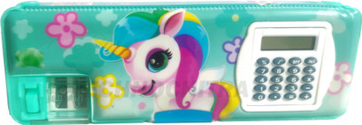 TECHNOCHITRA Uneecorn Magnetic Dual Sided Pencil Box Calculator Art Plastic Pencil Box(Set of 1, Light Green)