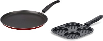 CREW4 Non-Stick regular Flat Dosa tawa size 12(red) And Mini Multi Snack Maker(4 cavity) 2 piece Non-Stick Combo Non-Stick Coated Cookware Set(Aluminium, 2 - Piece)