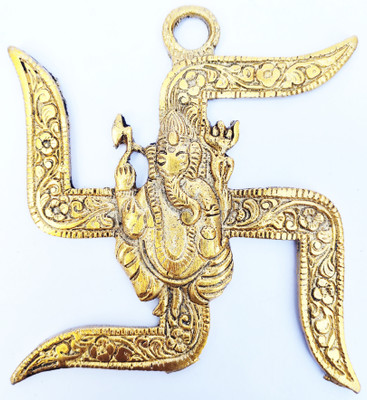 Cyan spritual RELIGIOUS IDOL GOLDEN GANESH-ON SWASTIK Decorative Showpiece - 15 cm (Brass, Gold) Decorative Showpiece  -  15 cm(Brass, Gold)