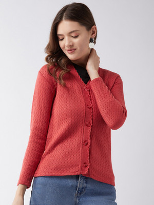 Pivl Self Design V Neck Casual Women Pink Sweater