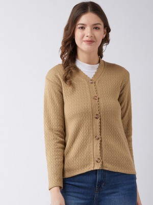 Pivl Self Design V Neck Casual Women Beige Sweater