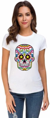 UDNAG Printed Women Round Neck White T-Shirt