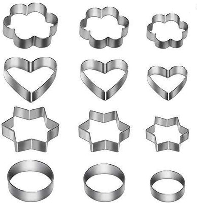 chopvio Cookie Cutter 12 Pcs Set Pastry Fruit Molds Stainless Steel Heart Flower Round Star Biscuit Mould Fondant Cutting Cutters With 4 Shape, Pieces Piece Cutter, Metal Cake Vegetable Set, Hearts Flowers Stars Silver (Pack of 12) Cookie Cutter(Pack of 12)
