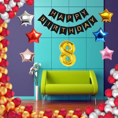 Gleam Solid Happy Birthday Black Set of 13 Letters with 30 HD Metallic Gold , Silver & Red Balloons + 1 Gold , 1 Silver , 1 Red , 1 Royal Blue , 1 Pink & 1 Rose Gold Star Foil Balloons + 8 Year Gold Foil Balloons Balloon(Gold, Silver, Red, Blue, Pink, Pack of 50)