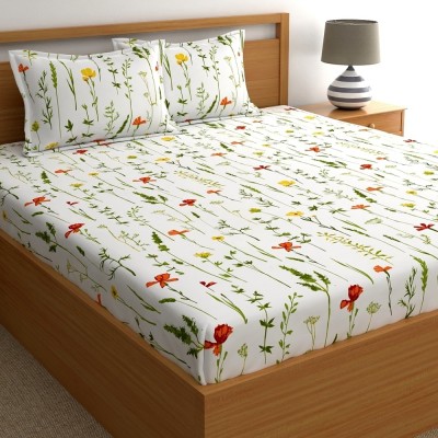 Home Ecstasy 140 TC Cotton King Floral Fitted (Elastic) Bedsheet(Pack of 1, White)