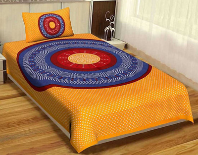 E ELMA Cotton Single Flat 144 TC Jaipuri Prints Bedsheet(Pack of 1, Yellow)
