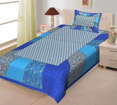 E ELMA 144 TC Cotton Single Jaipuri Prints Flat Bedsheet(Pack of 1, Blue, Multicolor)