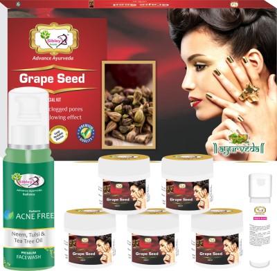 Sibley Beauty Facial Kit Combo of Grape Seeds Anti Ageing Facial Kit ( 155 gm + 10 ml) Pack of 6 + Neem Tulsi Oil Acne Face Wash (1 x 120 ml) - Instant Glow Skin Whitening Facial Kit for Men Women Boys Girls Oily Normal Dry Combination Skin.(7 Items in the set)