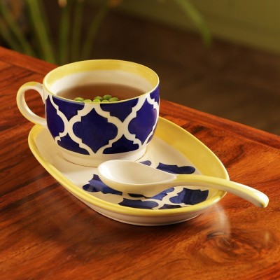 ExclusiveLane Pack of 3 Ceramic Handpainted Soup Bowl With Spoon and Tray In Ceramic(Blue, Cup and Saucer)