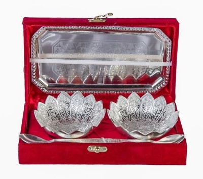 GIFTCITY Silver Lotus (Brass) 2 Bowl Set ( Bowl 4 inch) With Tray in Velvet Box Bowl, Spoon, Tray Serving Set(Pack of 1)