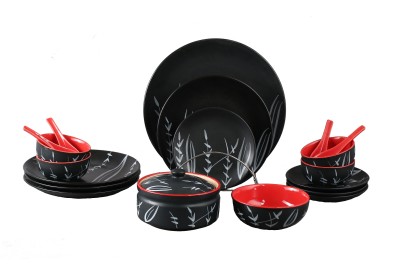 caffeine Pack of 19 Ceramic Handmade Red & Black Bamboo Dinner Set(Black, Red, Microwave Safe)